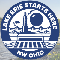 Lake Erie Starts Here updated logo for 2023 featuring a storm drain, lighthouse, and rising sun over Lake Erie.