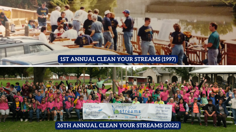 Two group photos from Clean Your Streams Day, the top photo from the 1st CYS Day in 1997 and the bottom photo from the 26th CYS Day in 2022.