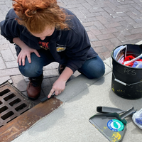 Three images side-by-side. From left: anglers participating in the Walleye Run. A walleye fish caught on a line. A tangle of fishing line removed from a Partners for Clean Streams recycling bin.