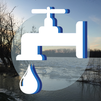 A graphic of a faucet with a water drop over a photograph of the Maumee River with ice.