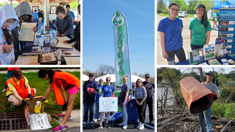 Images from 2022 PCS programs and tabling events. Top left: Navarre Elementary students on a Sandpiper science cruise. Bottom left: Two Scouts stenciling a storm drain. Center: Glass City Marathon Green Team volunteers. Top right: PCS staff Kayla and Liv at Naturally OregonFest. Bottom right: A volunteer removes a construction barrel from Delaware Island on the Maumee River.