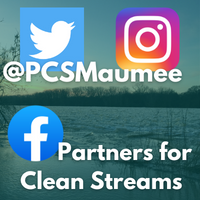 Social media handles for Partners for Clean Streams. Follow us @PCSMaumee Twitter and Instagram, and on Facebook as Partners for Clean Streams.